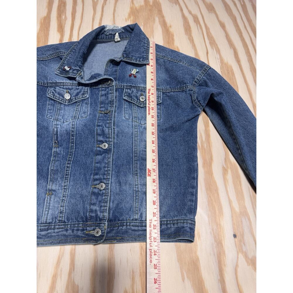 Crane Embroidered Blue Button-up Denim Jacket Destressed Detailing Women’s L - Picture 5 of 8